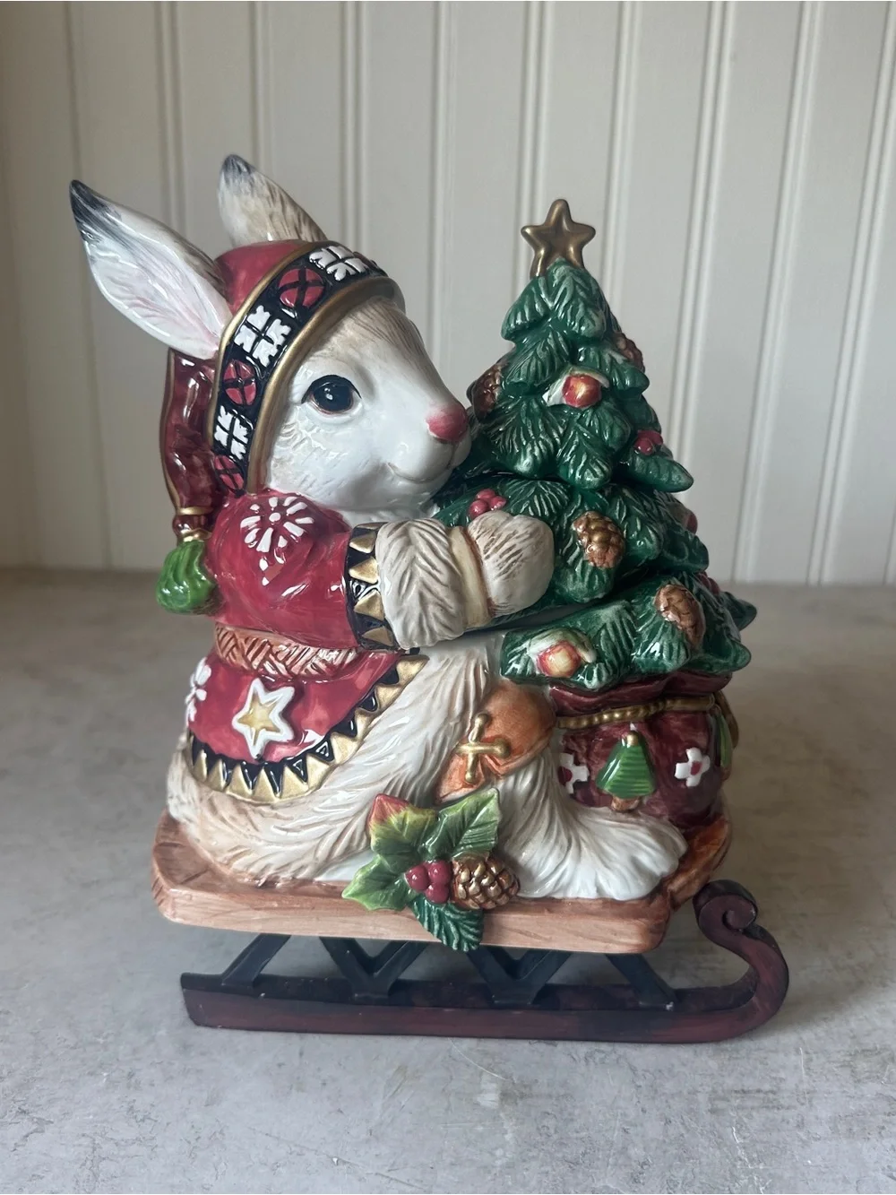 Fitz & Floyd Christmas Lodge Rabbit Lidded Box New Bunny Sleigh Candy Dish w Box